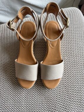 J. Crew Neutral Canvas Ankle-Strap Block Heels